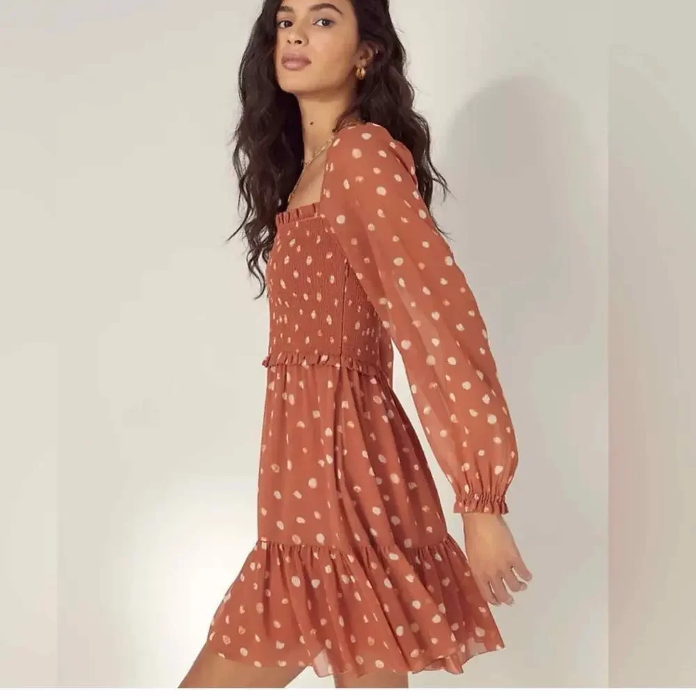 Wilfred Aritzia Tempest Chiffon Smocked Tier Polka Dot Mini Dress Large